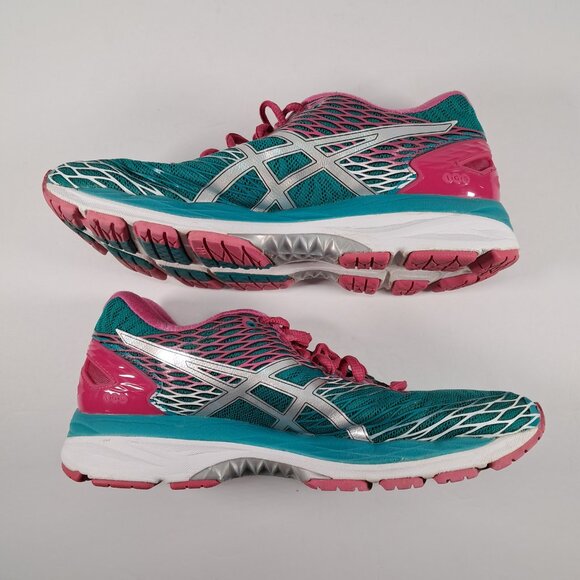 Asics Gel Nimbus 18 Women 8 Mesh Teal Silver Pink Athletic Running Sneakers - Picture 3 of 15